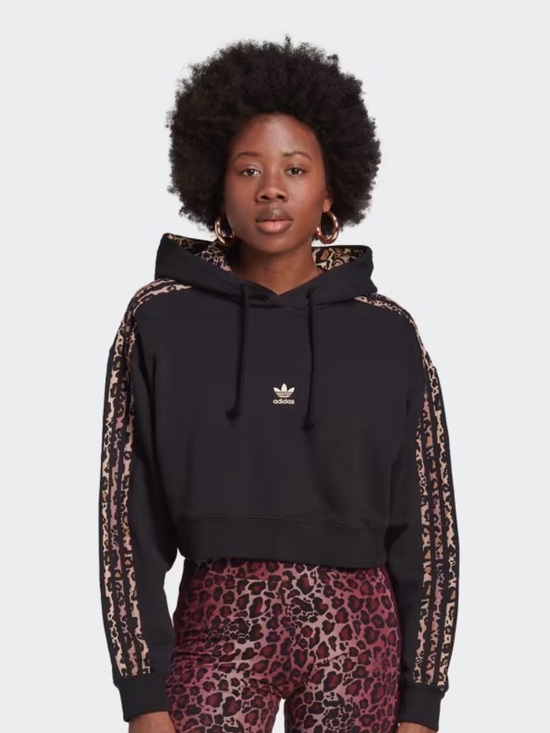 adidas Tops - Adidas Originals Logo Leopard Print Cropped Hoodie in black